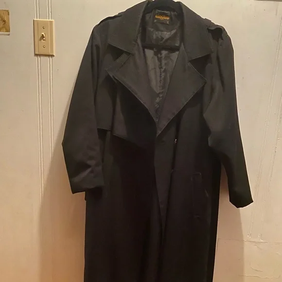 Vintage 80s 90s 100% Wool Black Trenchcoat Coat S M - Picture 2 of 6